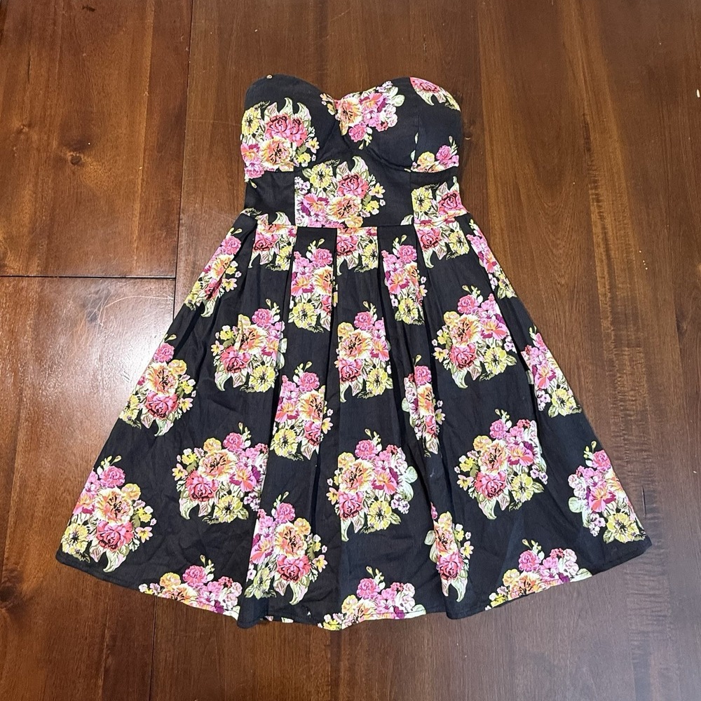 Rue 21 Strapless Moody Floral Fit Flare Dress XS Black Pink Sweetheart Coquette - Picture 2 of 11